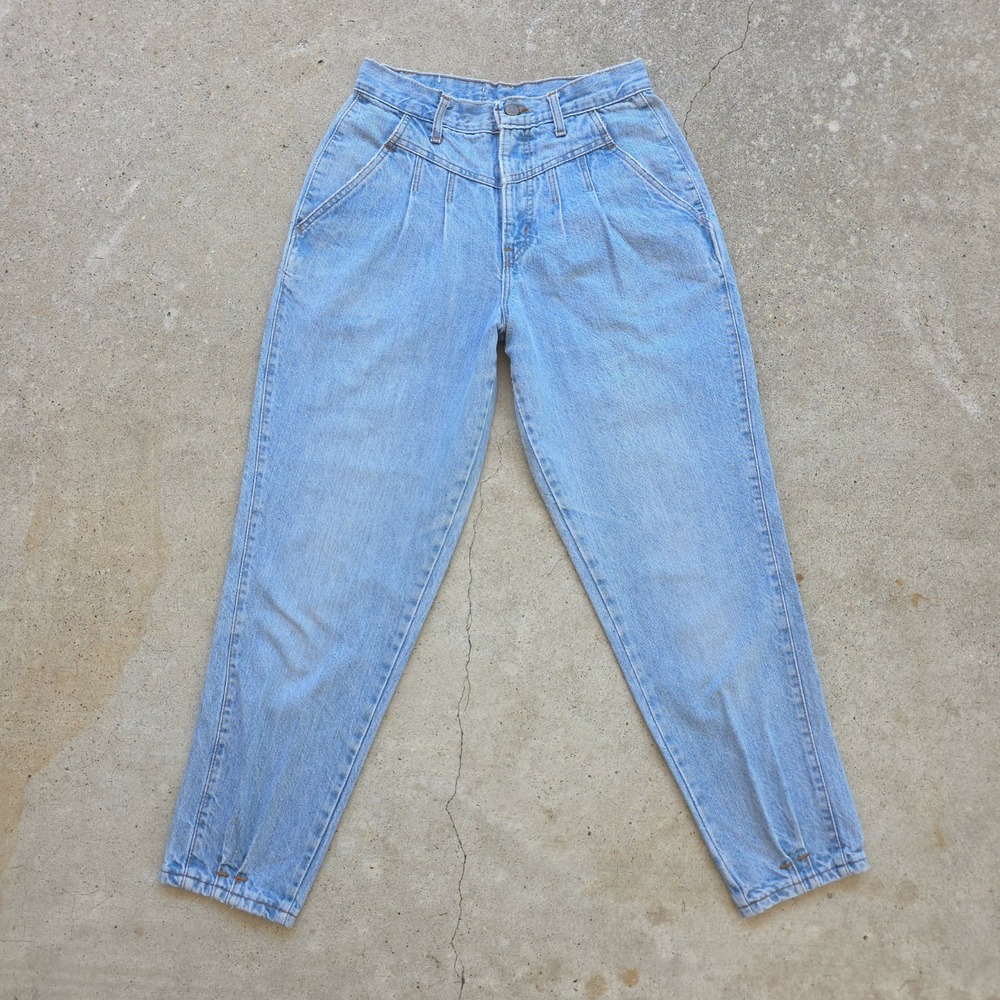 VTG Sunset Blues Jeans Size 26x27 High-Waisted Pleated Front Barrel Leg 80s USA - Picture 3 of 15